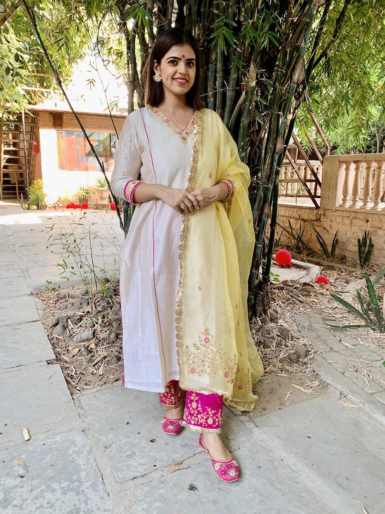 Beige Chanderi Silk Suit Set