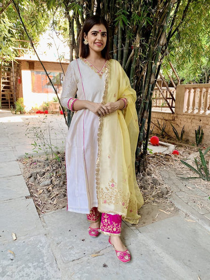 Beige Chanderi Silk Suit Set