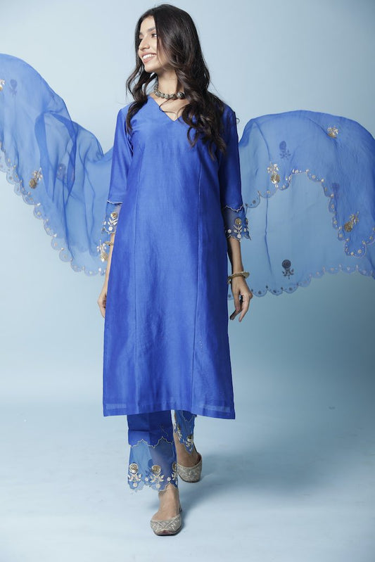Royal Blue Chanderi Silk Straight Kurta Set
