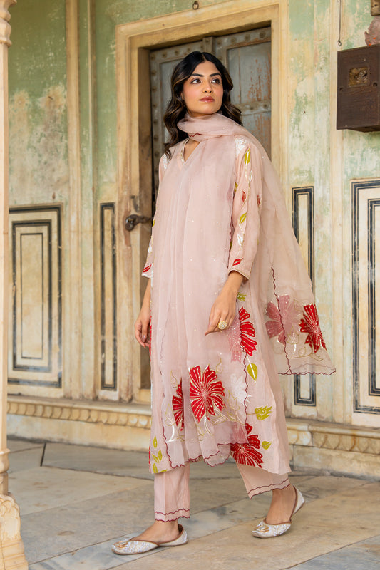 Beige Appliqué Floral A Line Suit Set
