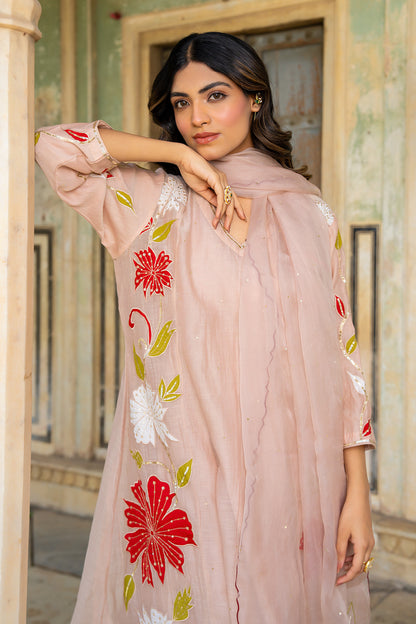 Beige Appliqué Floral A Line Suit Set