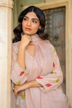 Beige Appliqué Floral A-line Kurta Set