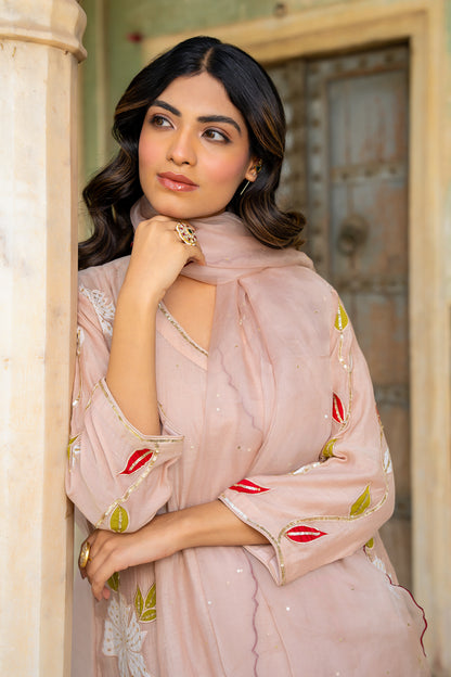 Beige Appliqué Floral A Line Suit Set