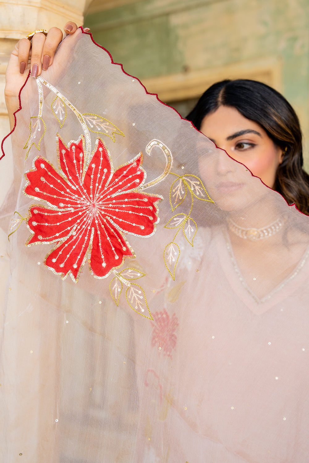 Beige Appliqué Floral A Line Suit Set