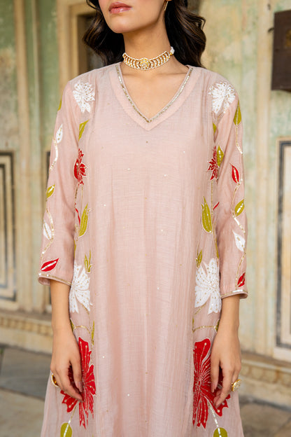 Beige Appliqué Floral A Line Suit Set