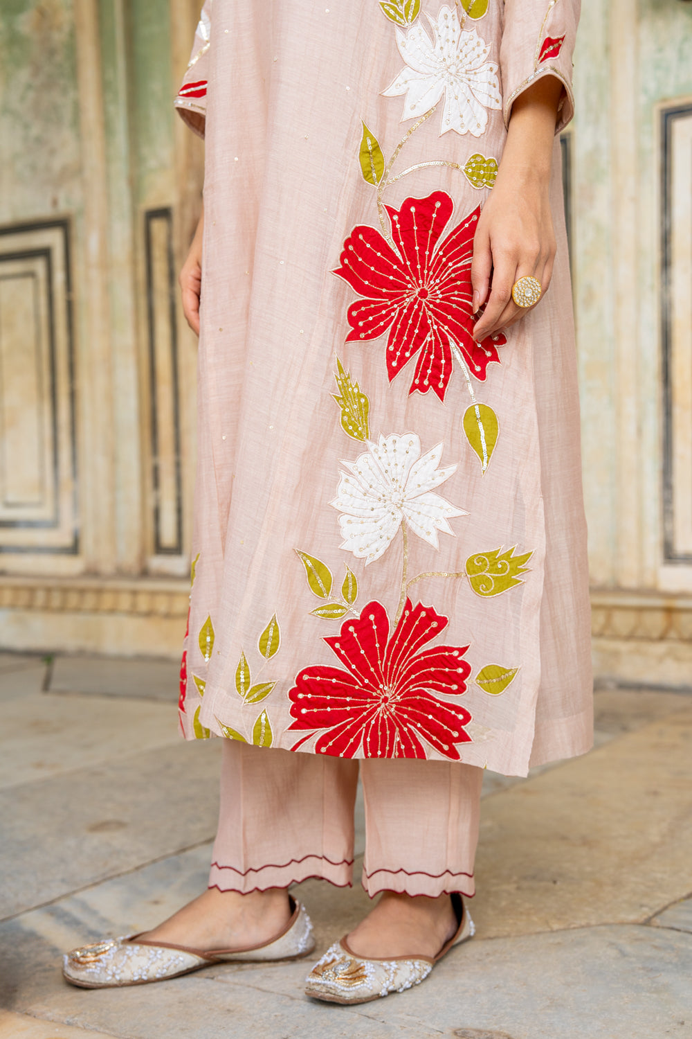 Beige Appliqué Floral A Line Suit Set