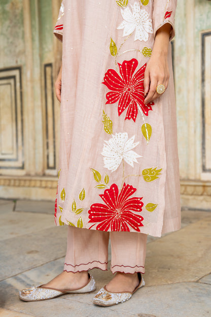 Beige Appliqué Floral A Line Suit Set