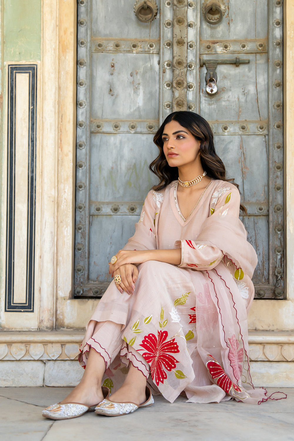 Beige Appliqué Floral A Line Suit Set