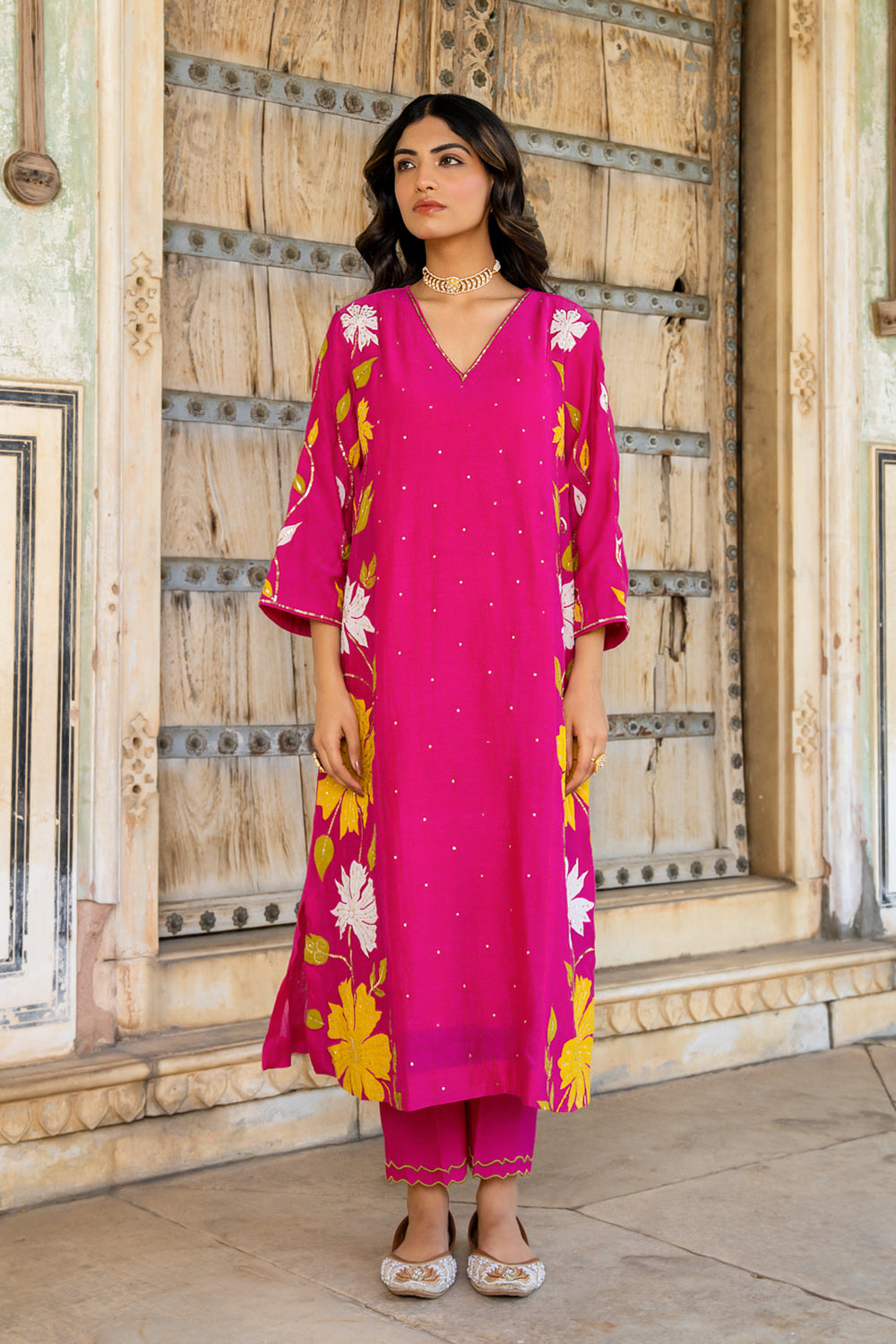 Rani Pink Appliqué Floral A Line Suit Set