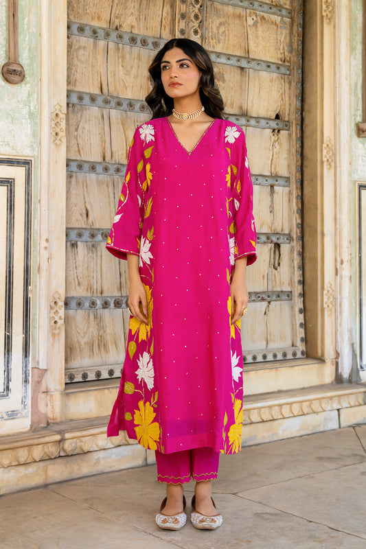 Rani Pink Appliqué Floral A Line Suit Set