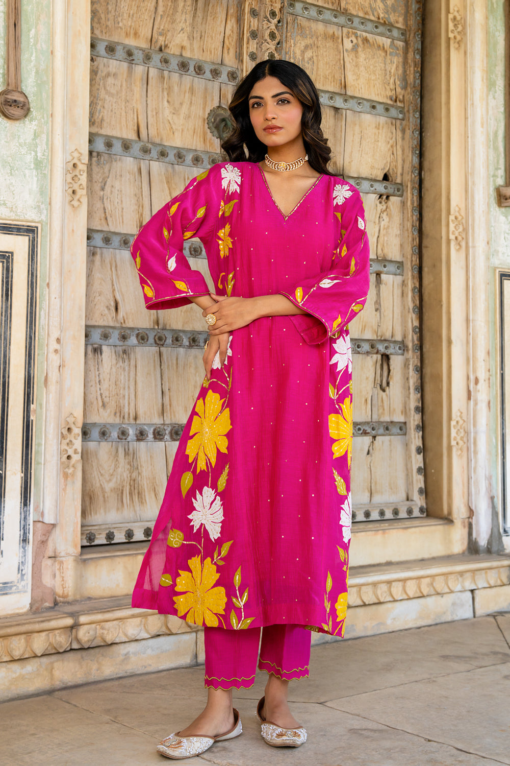 Rani Pink Appliqué Floral A Line Suit Set