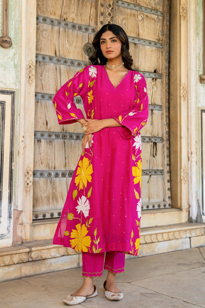 Rani Pink Appliqué Floral A Line Suit Set