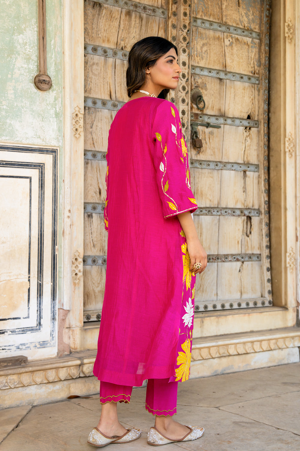 Rani Pink Appliqué Floral A Line Suit Set
