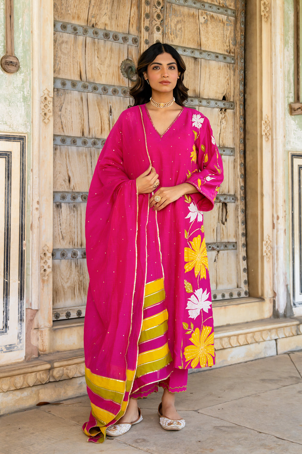 Rani Pink Appliqué Floral A Line Suit Set