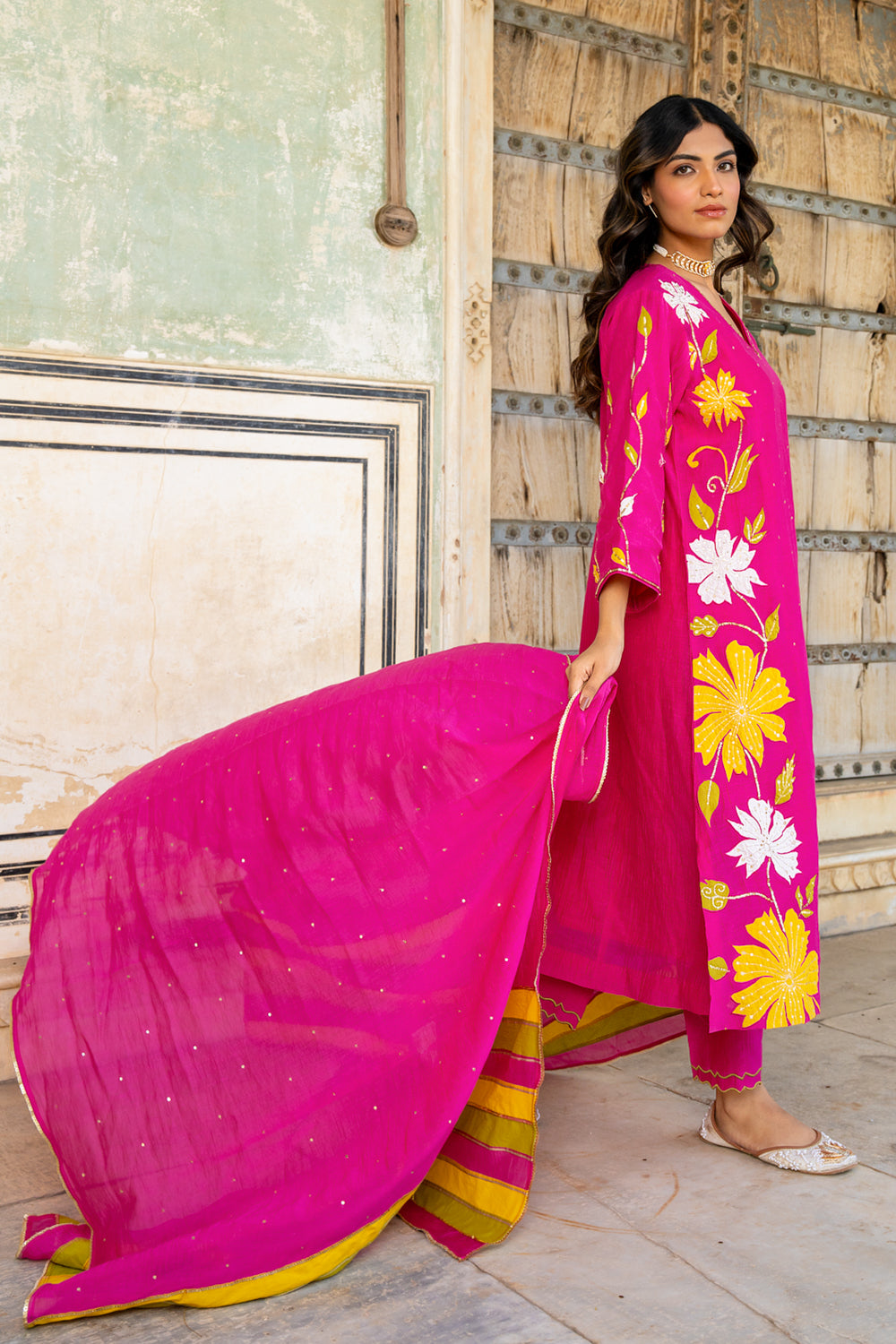 Rani Pink Appliqué Floral A Line Suit Set