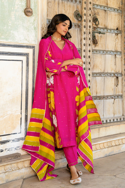 Rani Pink Appliqué Floral A Line Suit Set