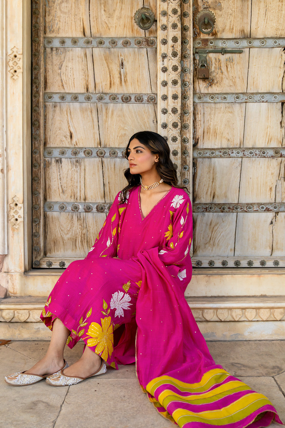 Rani Pink Appliqué Floral A Line Suit Set