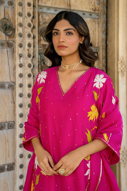 Rani Pink Appliqué Floral A Line Suit Set