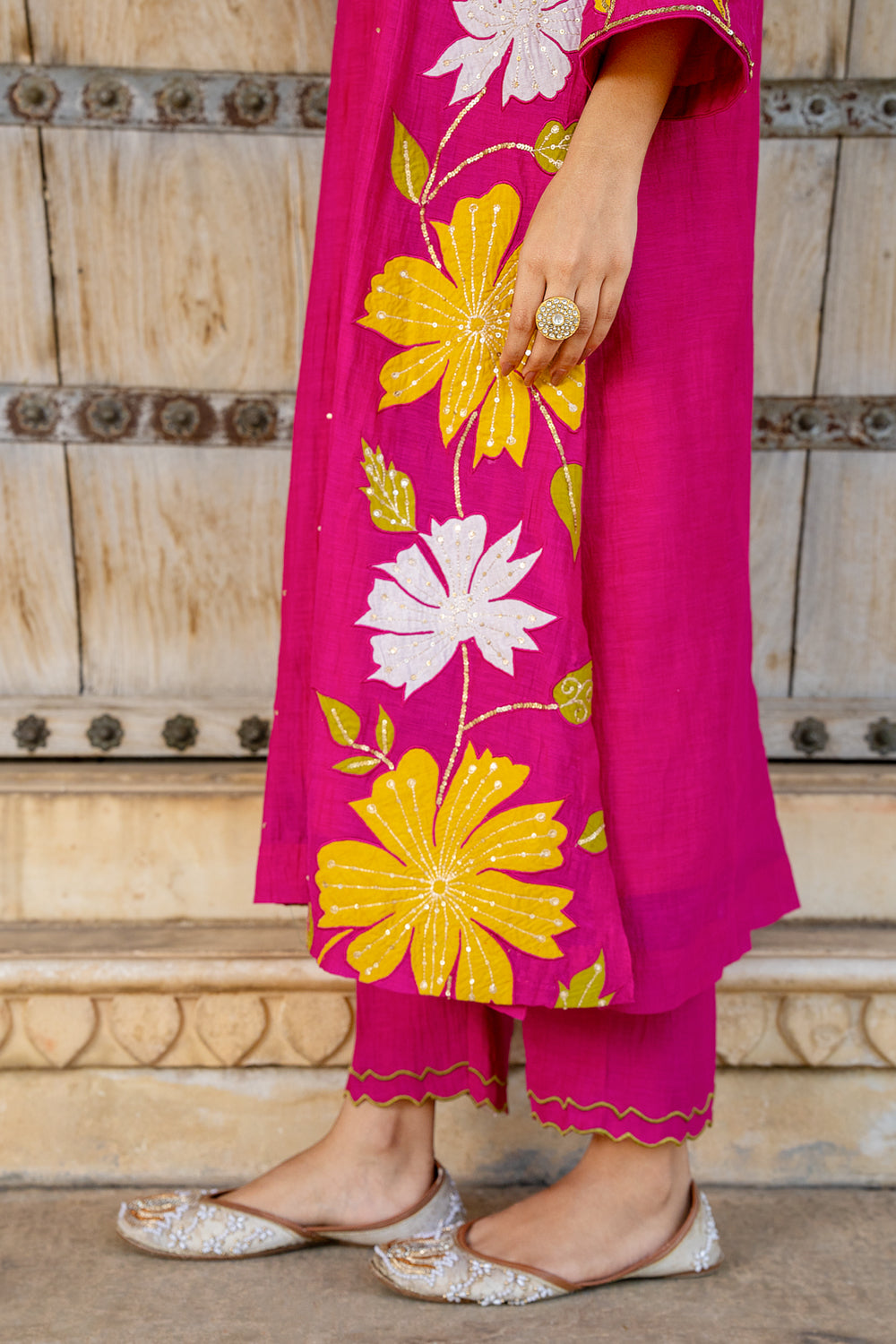 Rani Pink Appliqué Floral A-line Kurta Set