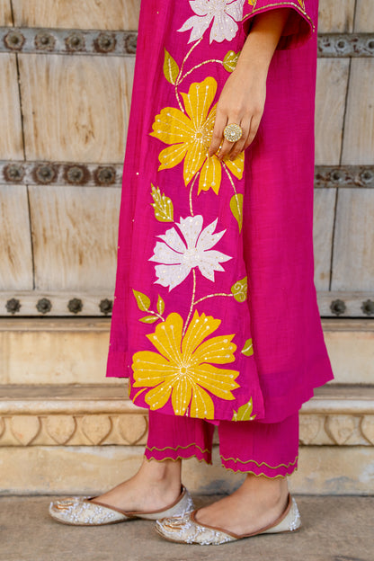 Rani Pink Appliqué Floral A Line Suit Set