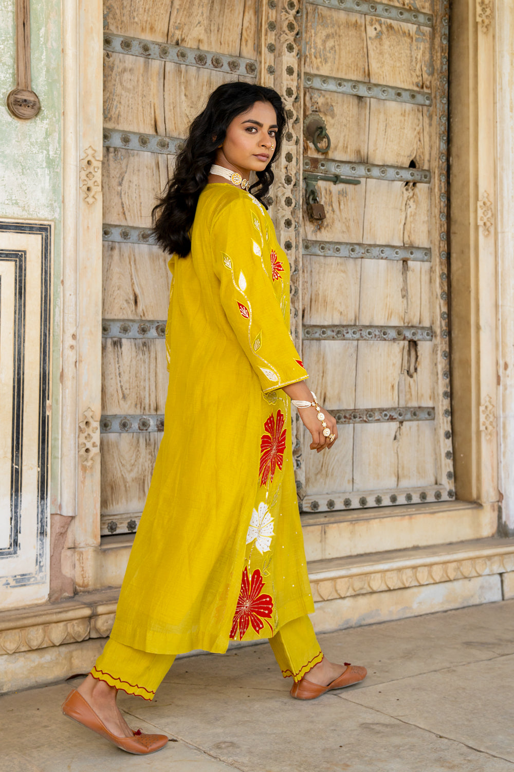 Mustard Appliqué Floral A-line Kurta Set