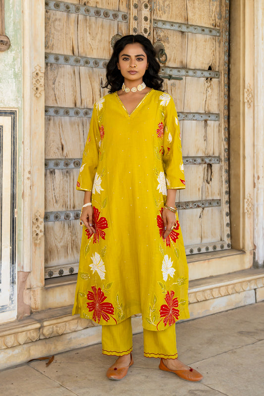 Mustard Appliqué Floral A Line Suit Set