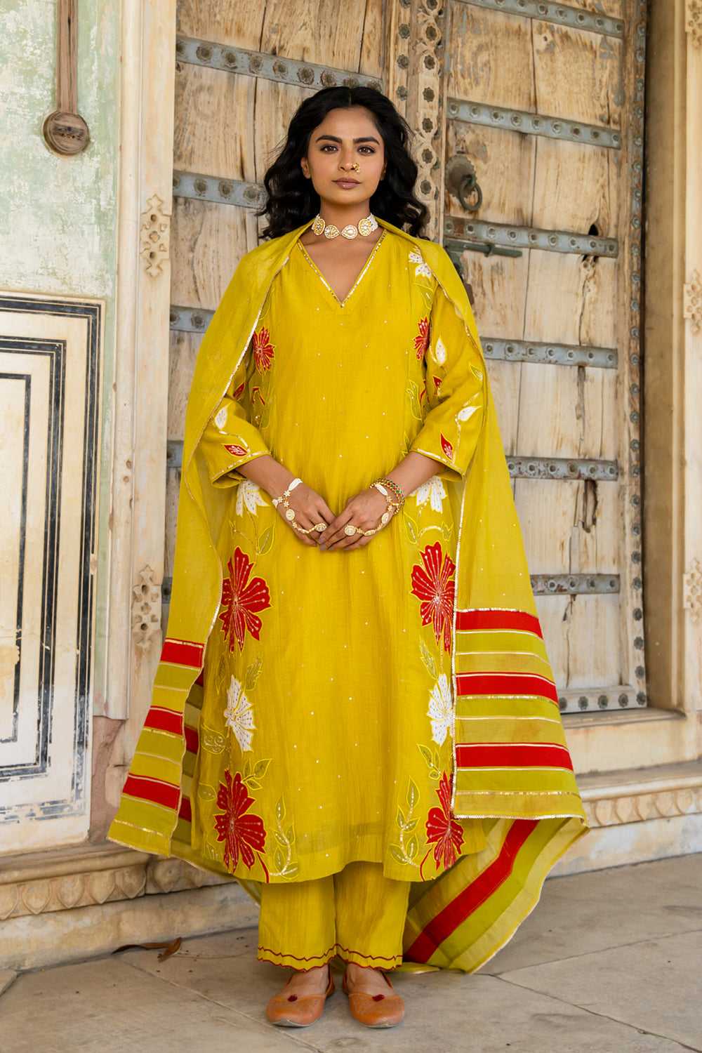 Mustard Appliqué Floral A Line Suit Set