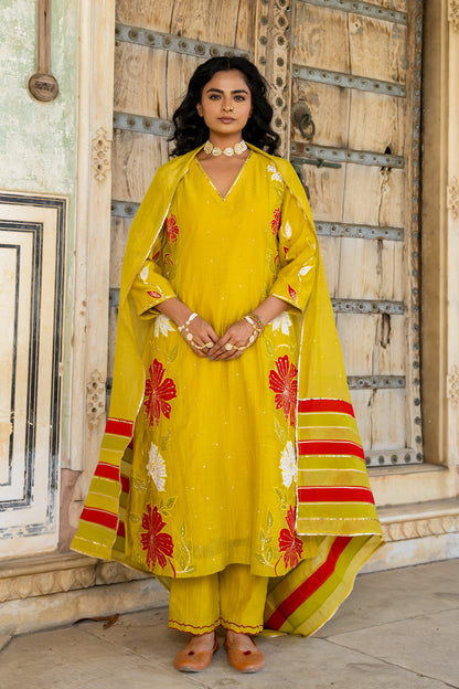 Mustard Appliqué Floral A Line Suit Set