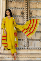 Mustard Appliqué Floral A-line Kurta Set