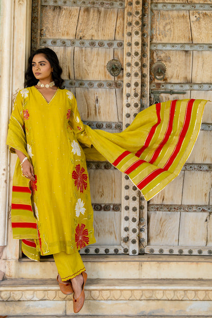 Mustard Appliqué Floral A Line Suit Set