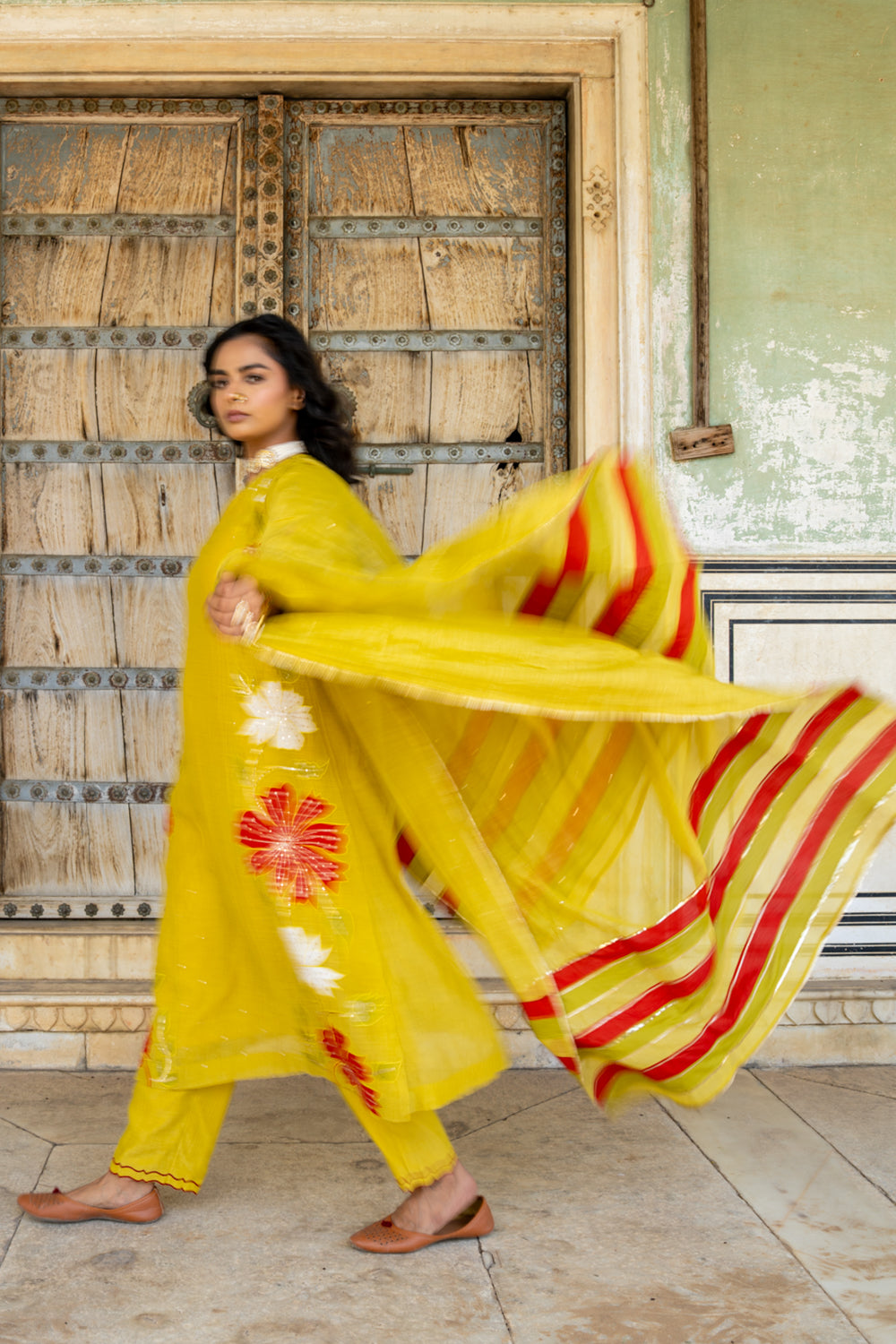 Mustard Appliqué Floral A-line Kurta Set