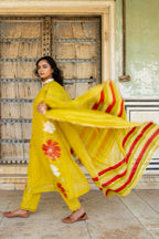 Mustard Appliqué Floral A-line Kurta Set