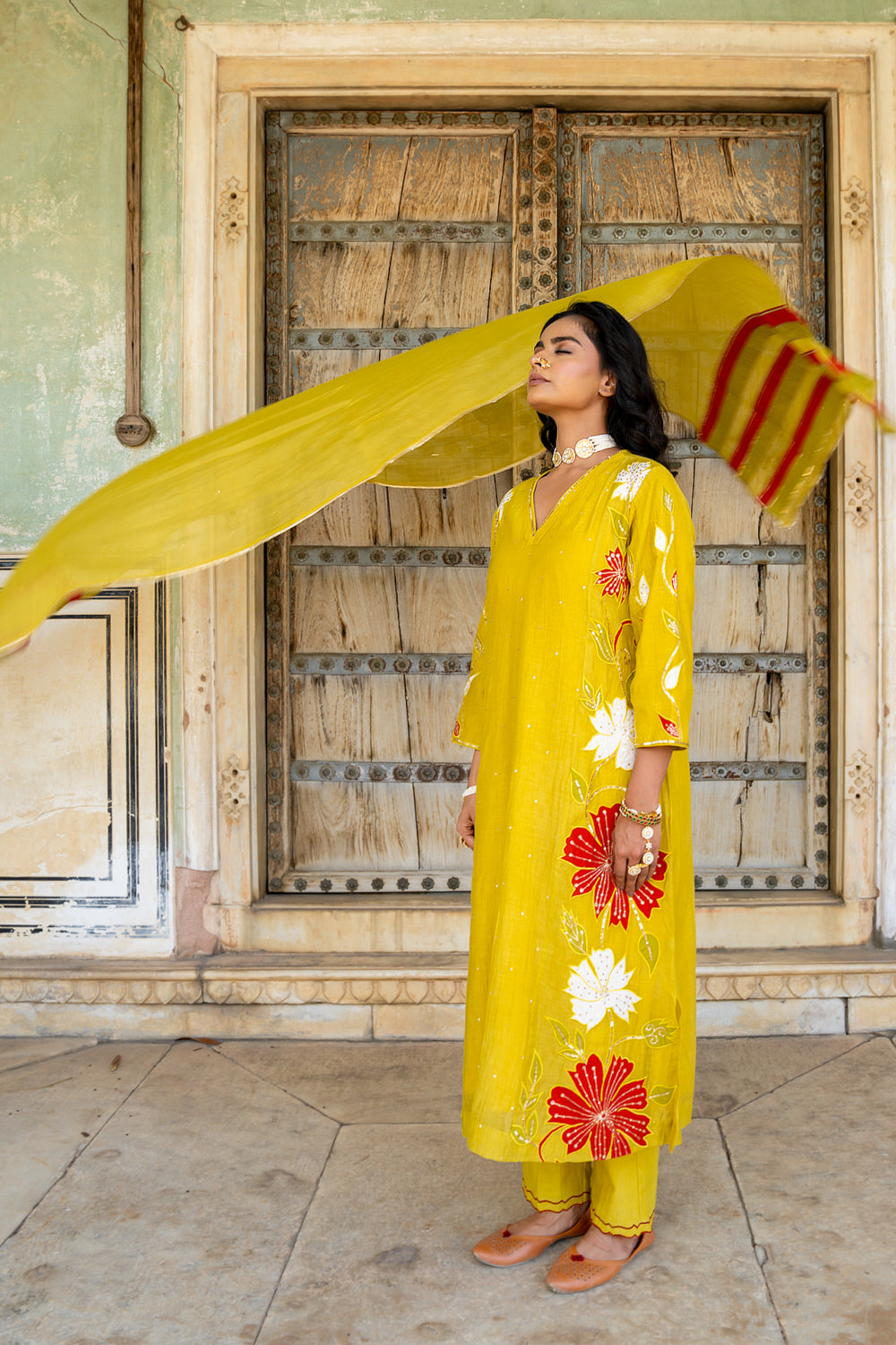 Mustard Appliqué Floral A-line Kurta Set