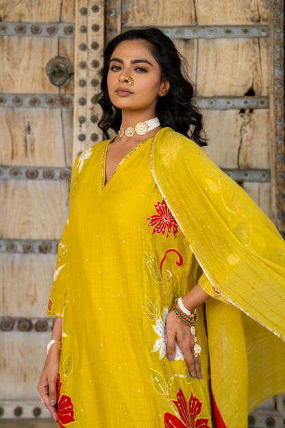 Mustard Appliqué Floral A Line Suit Set
