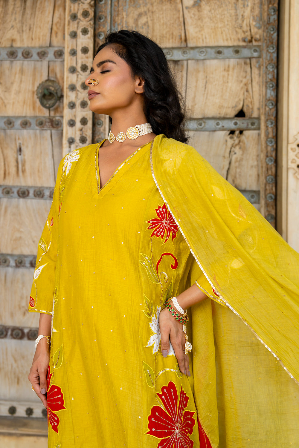 Mustard Appliqué Floral A Line Suit Set
