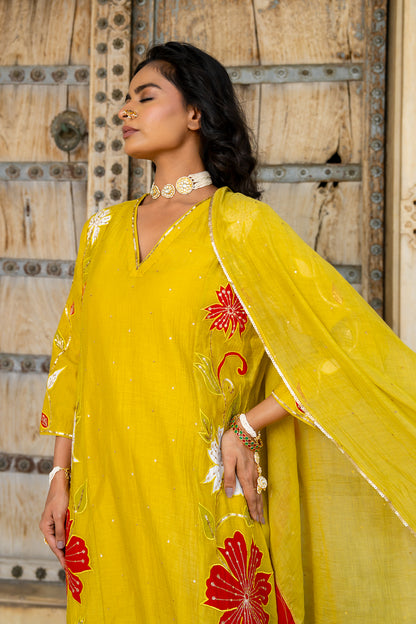 Mustard Appliqué Floral A Line Suit Set