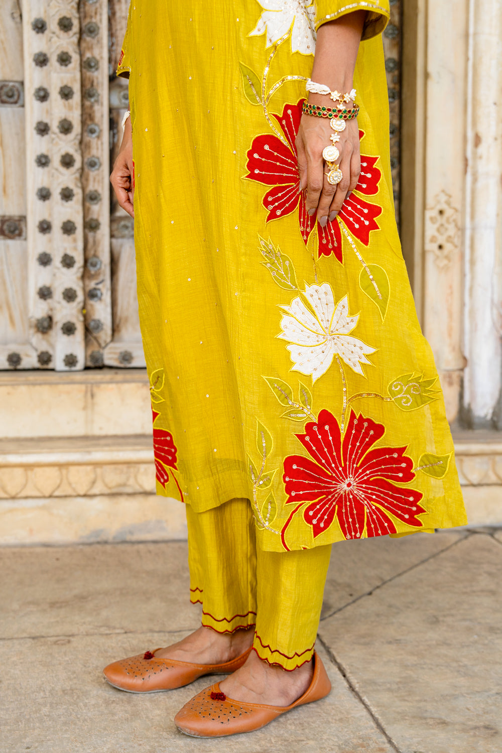 Mustard Appliqué Floral A Line Suit Set