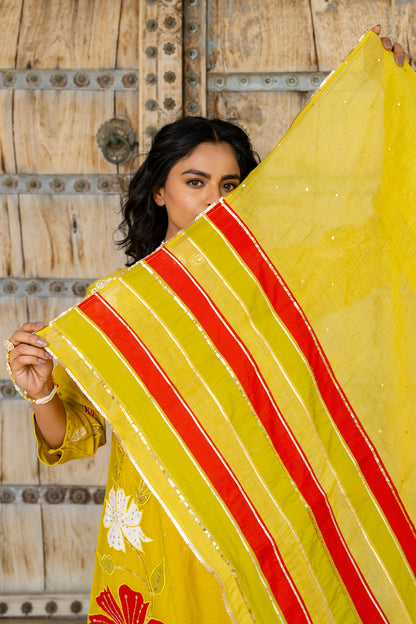 Mustard Appliqué Floral A Line Suit Set