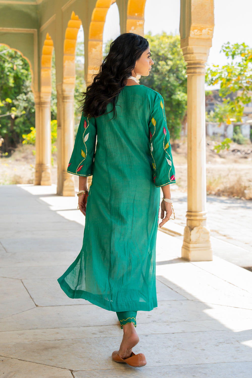 Bottle Green Appliqué Floral A Line Suit Set