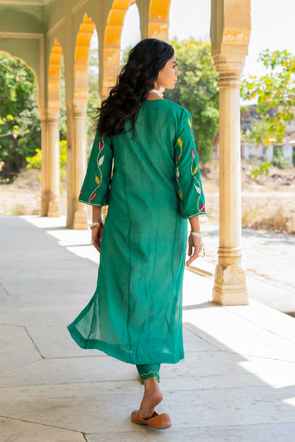 Bottle Green Appliqué Floral A Line Suit Set