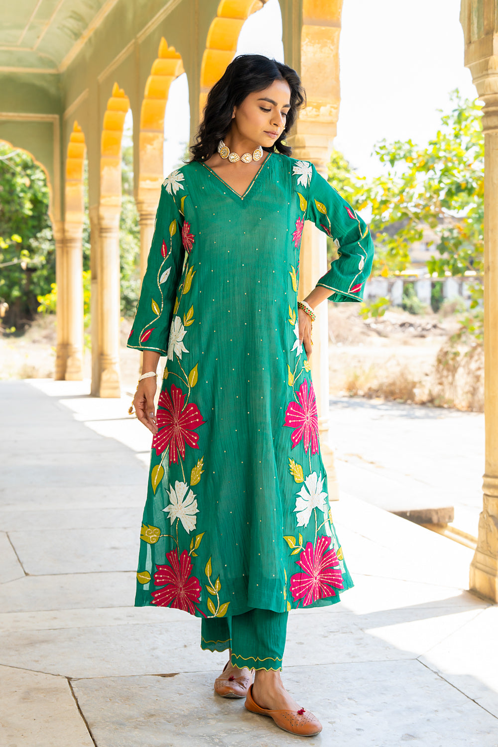 Bottle Green Appliqué Floral A Line Suit Set
