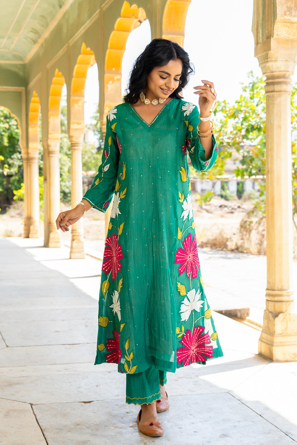 Bottle Green Appliqué Floral A Line Suit Set
