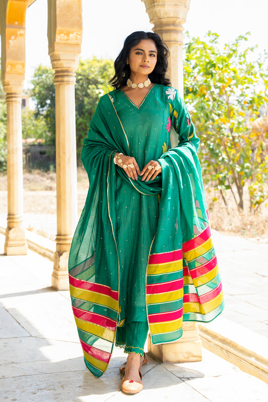 Bottle Green Appliqué Floral A Line Suit Set