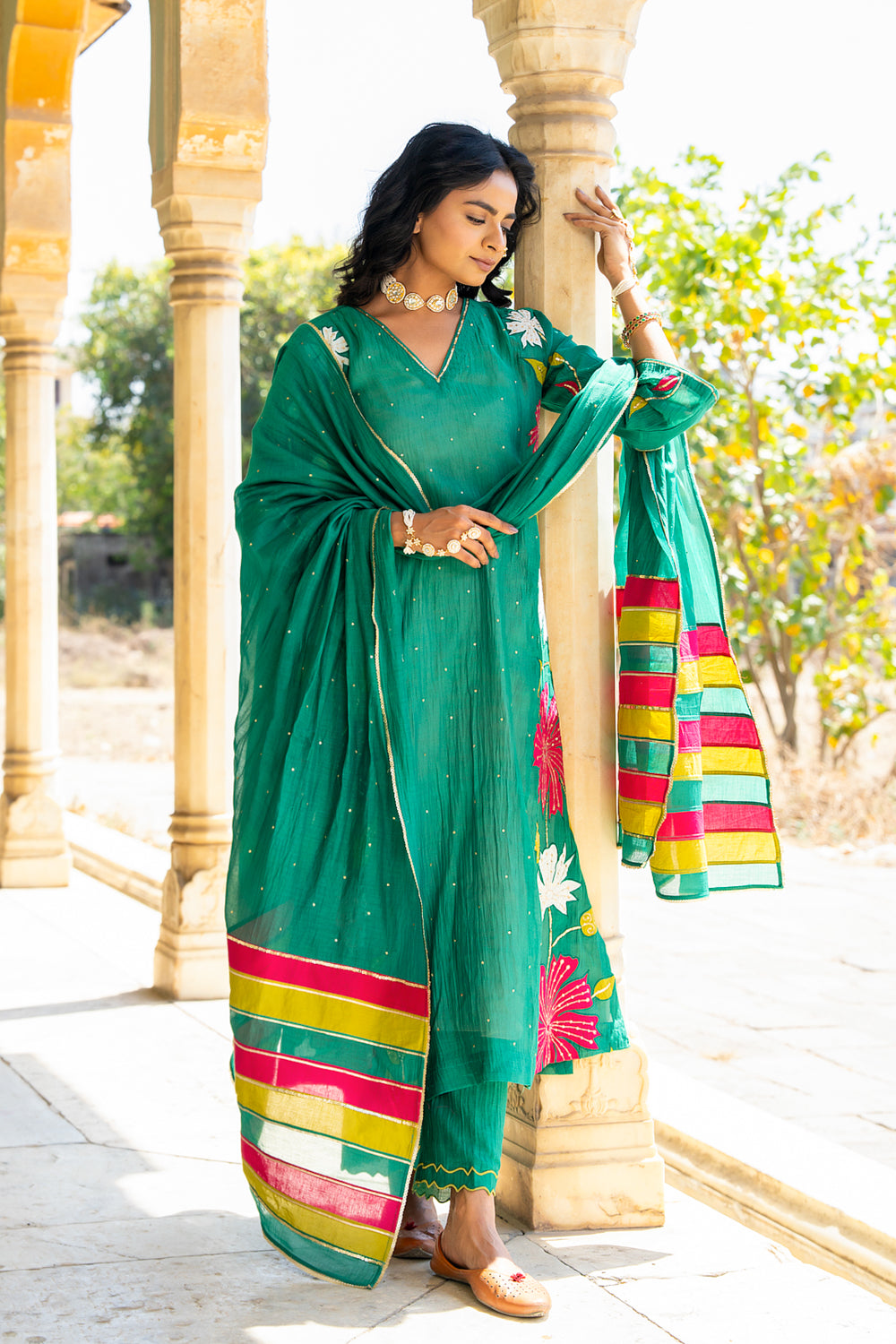 Bottle Green Appliqué Floral A Line Suit Set