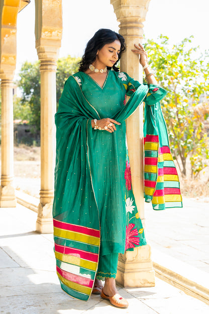 Bottle Green Appliqué Floral A Line Suit Set