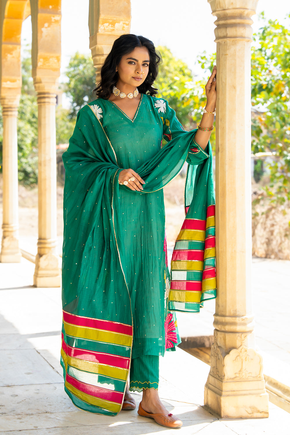 Bottle Green Appliqué Floral A Line Suit Set