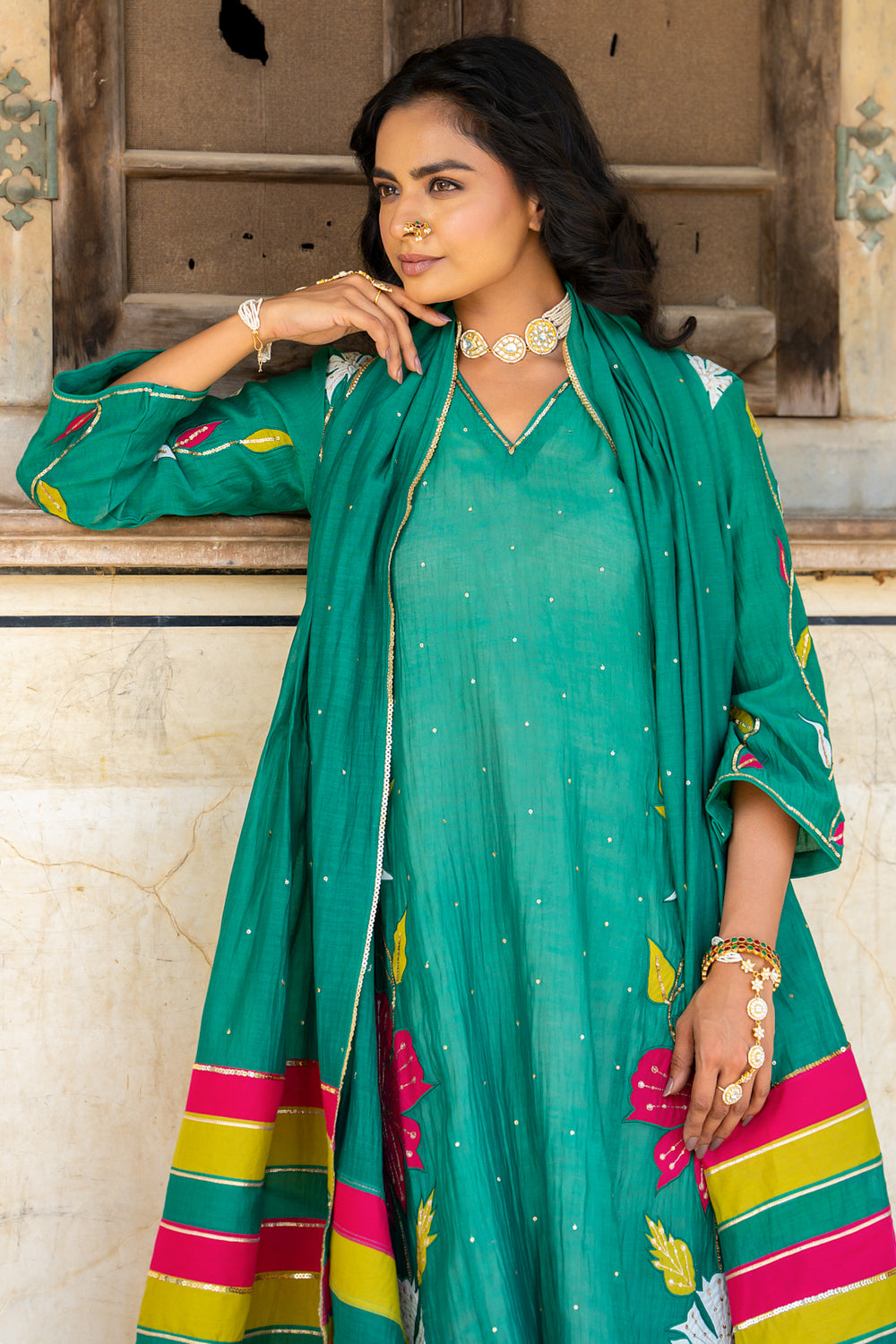 Bottle Green Appliqué Floral A Line Suit Set