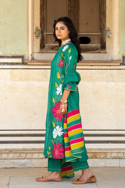 Bottle Green Appliqué Floral A Line Suit Set