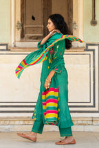 Bottle Green Appliqué Floral A-line Kurta Set