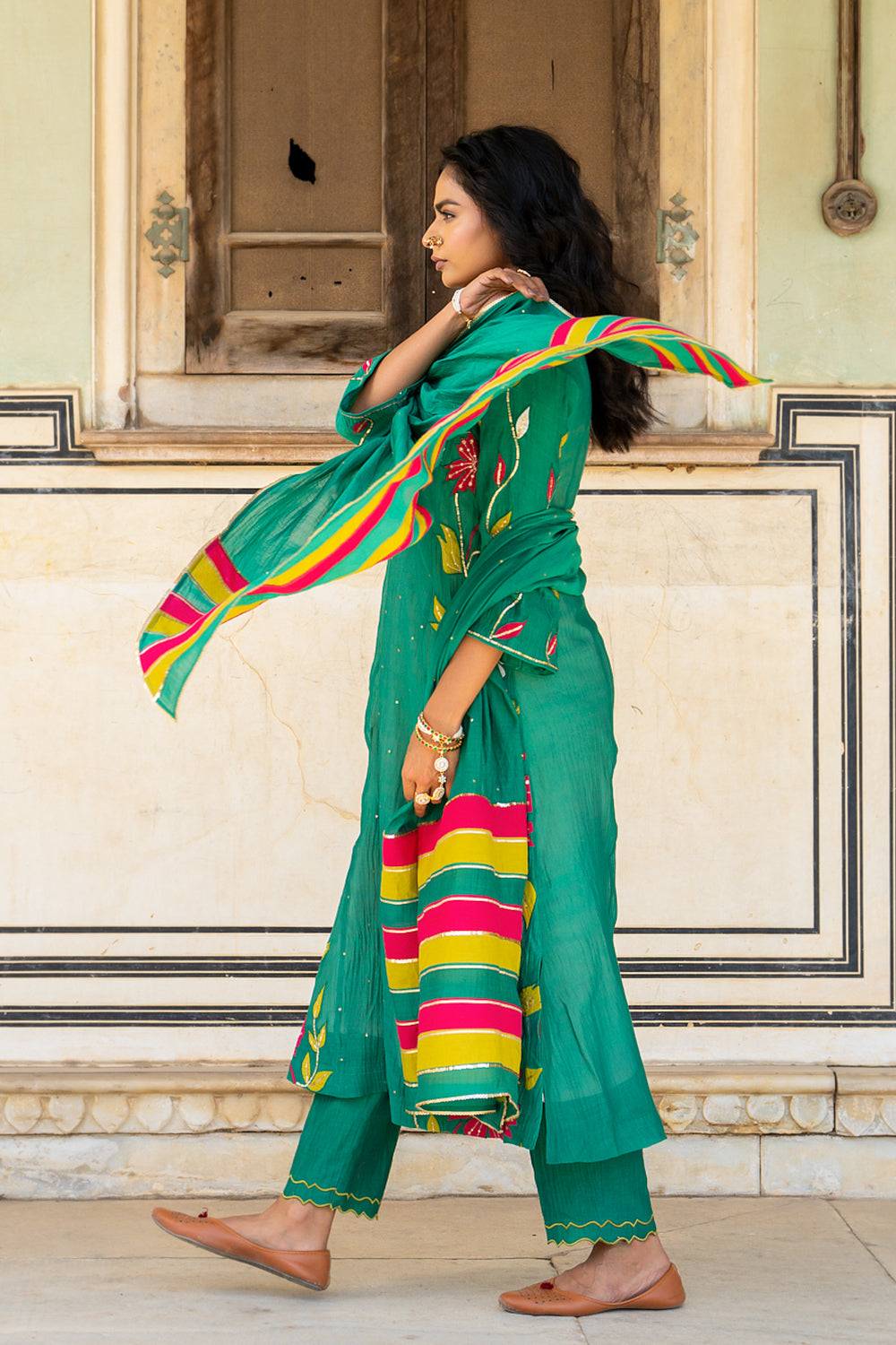 Bottle Green Appliqué Floral A Line Suit Set